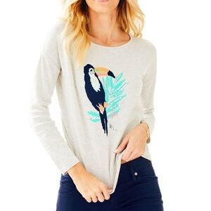 Lilly Pulitzer Roselle Sweater in Seaside Grey Toucan Sequin Cotton Size XL